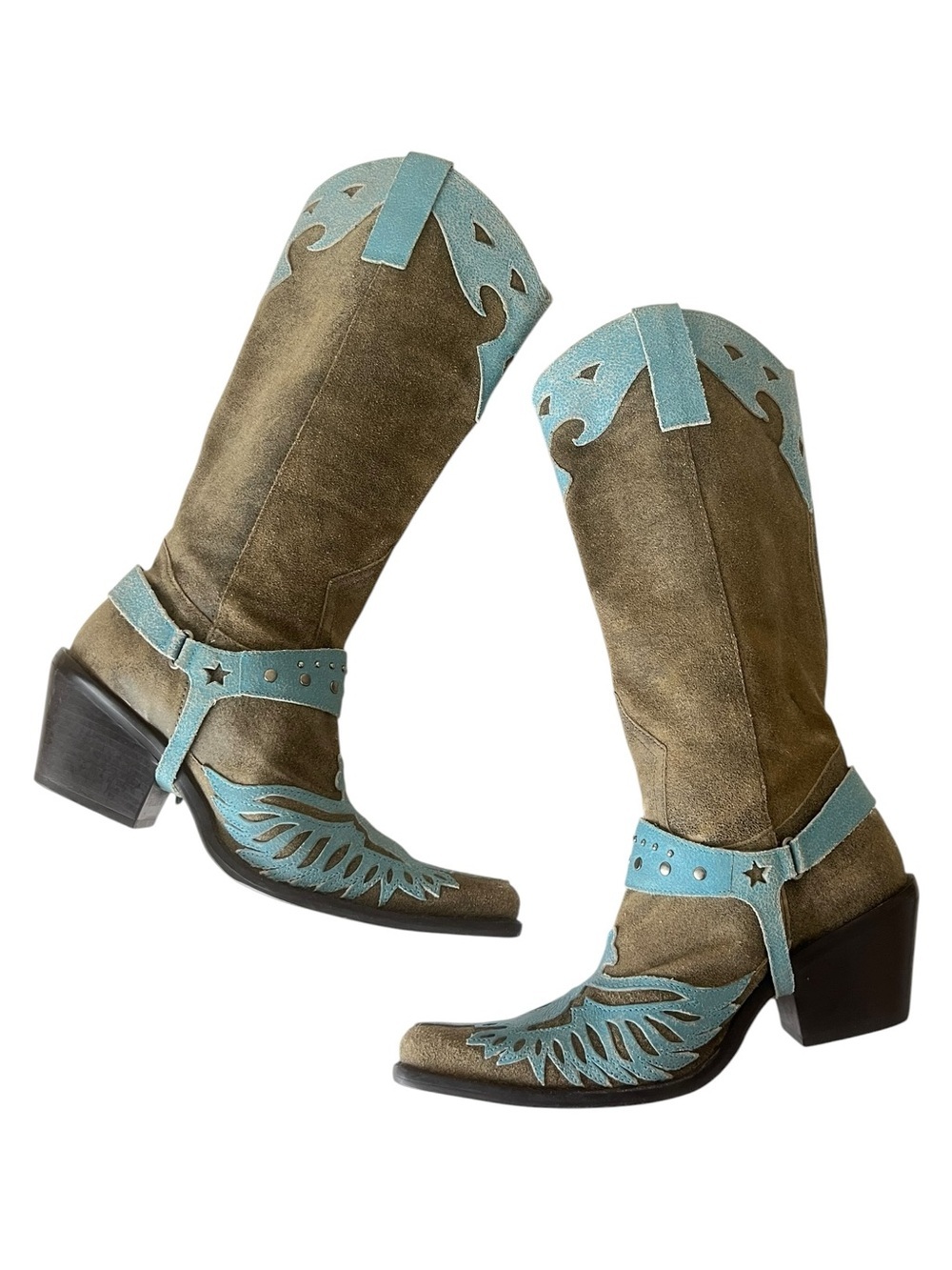 MIA Vintage 90s Suede Leather Firebird Western Cowgirl Boots Tan Blue Size 6